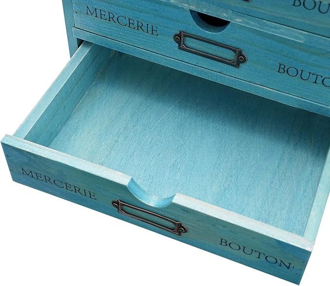 15-Drawer Wooden Desk Organizer Storage Box with Label Holders Vintage Wood Desktop Organizer, Desk Drawer Unit Collectors Box for Living Rooms, Bedrooms, Offices (Blue, 5PCS 15 Drawers)