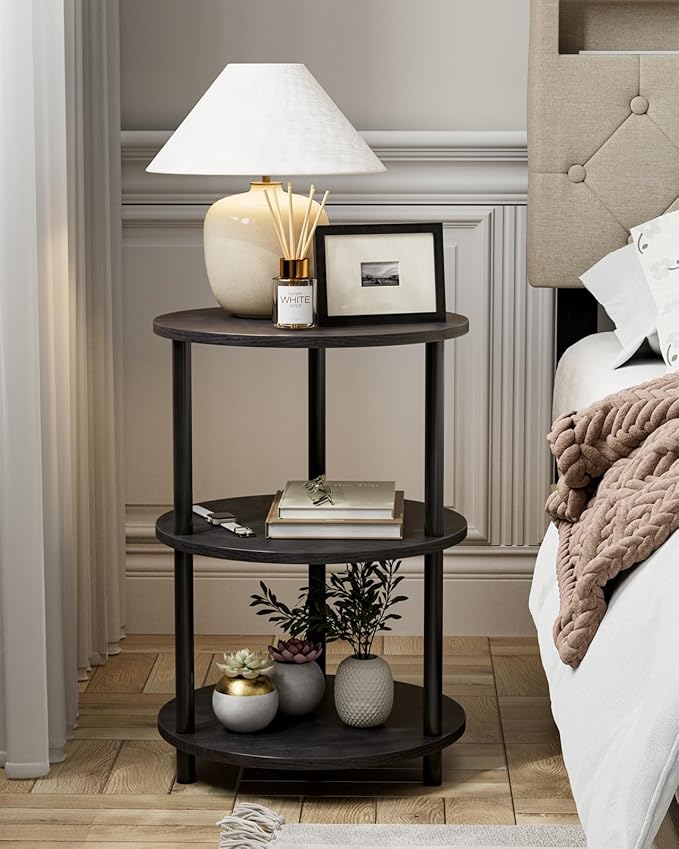XBurmo Round Coffee Table for Living Room - Narrow Side or Bedside Stand, Industrial Vintage Nightstand for Bedroom, or Small Spaces, Charcoal Wenge