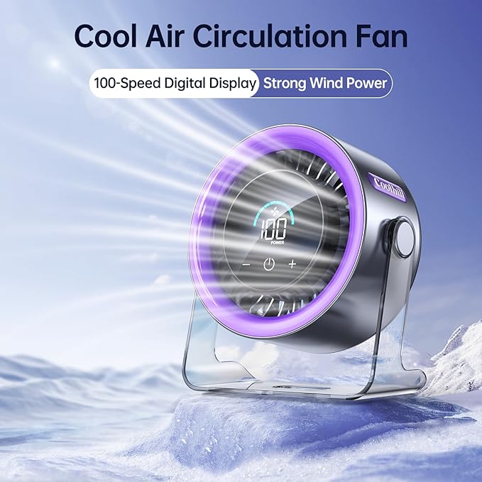 USB Desk Fan for Bedroom: 100 Speeds Digital Display Quiet Table Fan with Turbo Airflow, 120° Rotating Small Rechargeable Battery Desktop Fans for Bedroom Home Office (Purple)