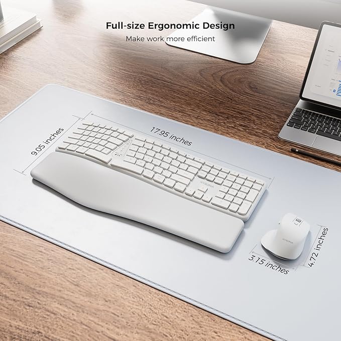 KYSONA Ergonomic Keyboard Mouse Wireless Combo, Full Size Bluetooth Split Keyboard with Wrist Rest, 4 Level DPI Ergo Mouse for Windows Mac OS Computer, White