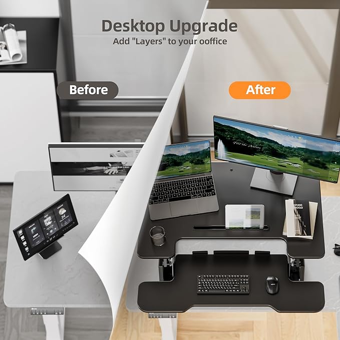 Claiks Standing Desk Converter 32 inch, Height Adjustable Sit Stand Up Desk Riser, Quick Sit to Stand Tabletop Dual Monitor Riser Workstation for Home Office with Keyboard Tray, Black