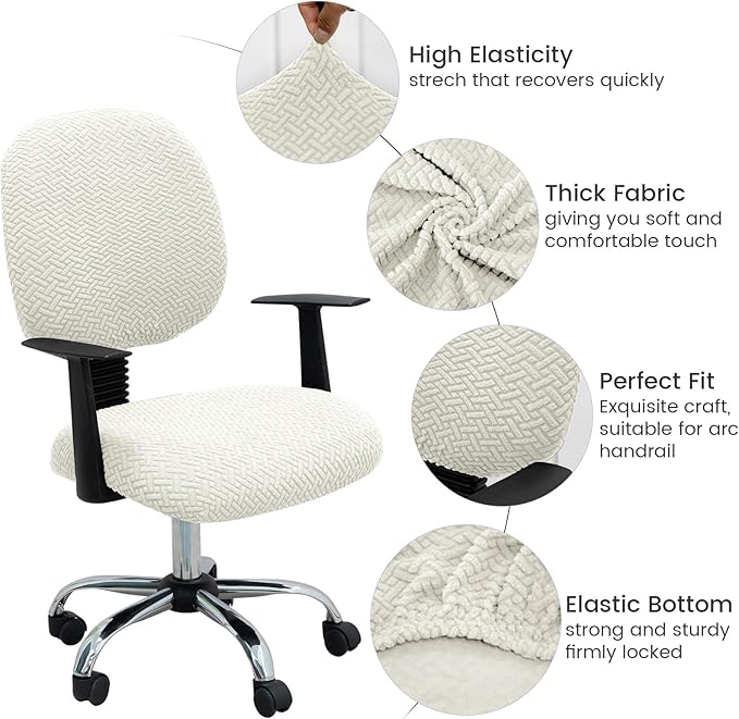 MIFXIN Computer Office Chair Cover Stretch Elastic Slipcover 2 Piece Jacquard Computer Chair Seat Covers Furniture Protector for Office Home, Only Covers No Chair (White)