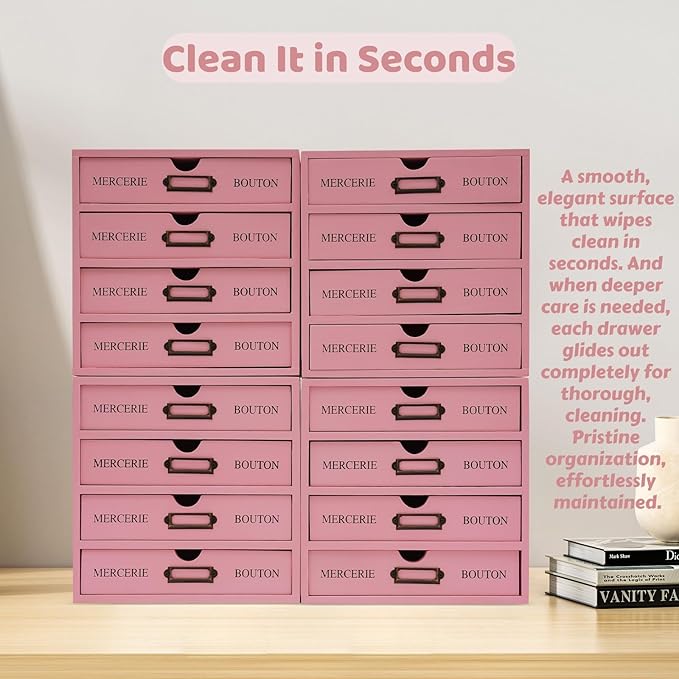 16-Drawer Wooden Desk Organizer Storage Box with Label Holders Vintage Wood Desktop Organizer, Desk Drawer Unit Collectors Box for Living Rooms, Bedrooms, Offices (Pink, 4PCS, 16 Drawers)