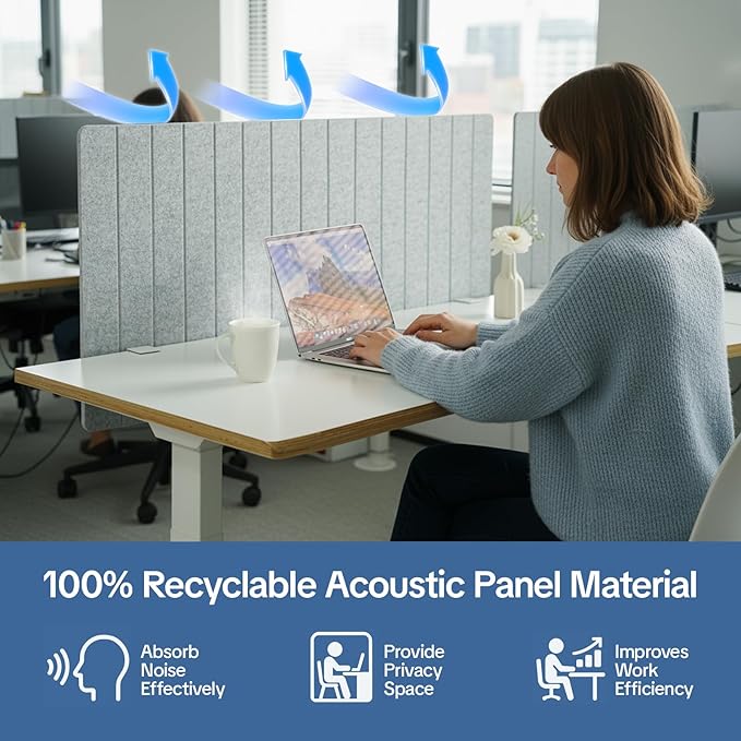 48" Desktop Privacy Screen - Sound Absorbing Felt Panel, Clamp-On Foldable Office Divider for Desk, Silver Gray
