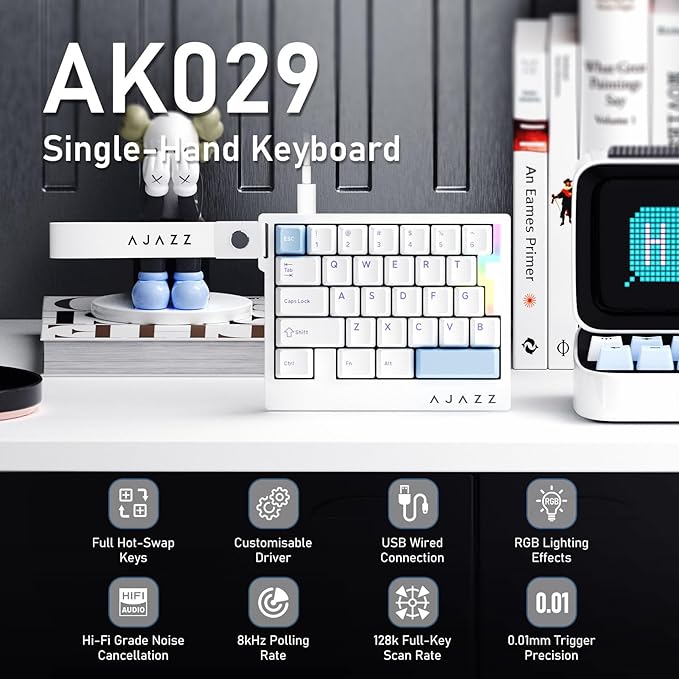 AJAZZ AK029 Wired One Handed Gaming Keyboard,Magnetic Switch, Adjustable Trigger Force, 8KHz Polling, 29 Keys Rapid Fast Mechanical Keyboard, RGB Backlight, SOCD & DKS, Aluminum Plate