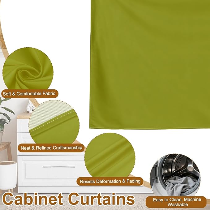 uxcell Cabinet Curtains, Dust Proof Privacy Drape Short Curtain, Hook & Loop Under The Desk Skirt for Kitchen Bathroom Closet Storage Room (51.1" W x 27.6" H, Olive Green)