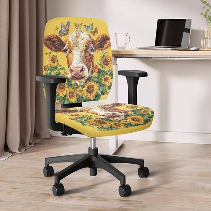 GLENLCWE Sunflower Cow Butterfly Computer Office Chair Covers Protective Stretchable Chair Cover Rotating Chair Slipcover Desk Armchair Cover Suitable for Computer Chairs Office Chairs