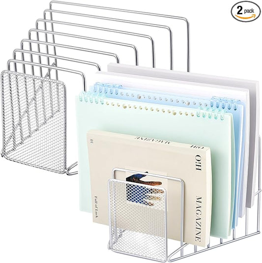 2 Pcs 7 Section Wire File Organizer for Desk, Metal Mesh Incline File Holder, Letter & Magazine Folder Rack, Desktop Paper Sorter for Home Office School (Silver)