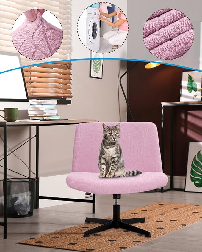 Fuloon Criss Cross Chair Cover, Stretchable, Solid Jacquard, Suited for Armless/Office/Desk/Mid Back Wide Seat/Computer/Task/Vanity/Accent Chair (Leaves -Shaped Jacquard, Pink)