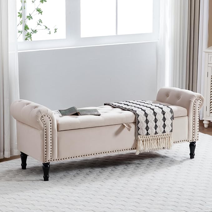 67'' End of Bed Storage Bench King Size, Storage Bench for Bedroom End of Bed, Upholstered Tufted Storage Ottoman Benches with Arms for Living Room, Entryway, Velvet Beige