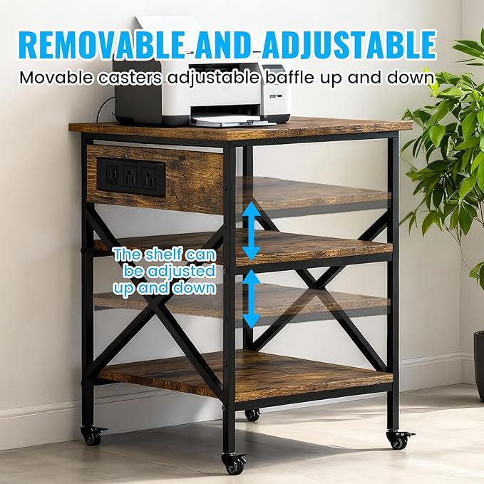 Large Printer Stand with Power Outlet 3 Tier Adjustable Shelves Mobile Cart with Industrial Casters 23.6 x 23.6 x 30 Inches for Home Office Rustic Brown