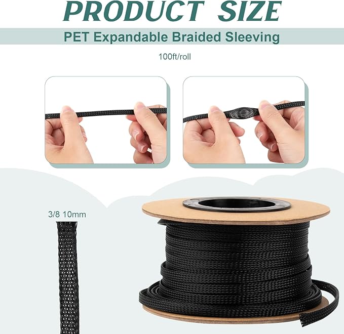 100ft 3/8 Inches Braided Wire Loom PET Cable Loom Expandable Braided Cable Sleeving Mesh Automotive Split Wire Loom for TV, Computer, Home Theater, Black