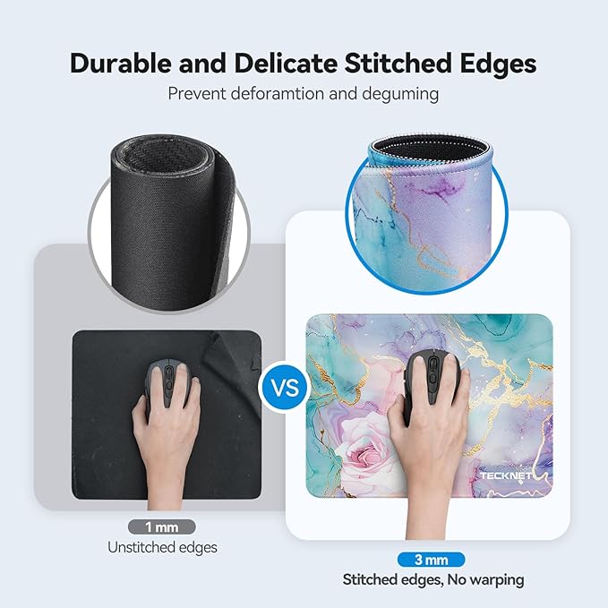 TECKNET Mouse Pad with Anti-fray Stitching, Waterproof Surface & Non-Slip Rubber Base with Stitched Edges Gaming Mouse Mat for Laptop，Compatible with Laser and Optical Mice - Rose Marble