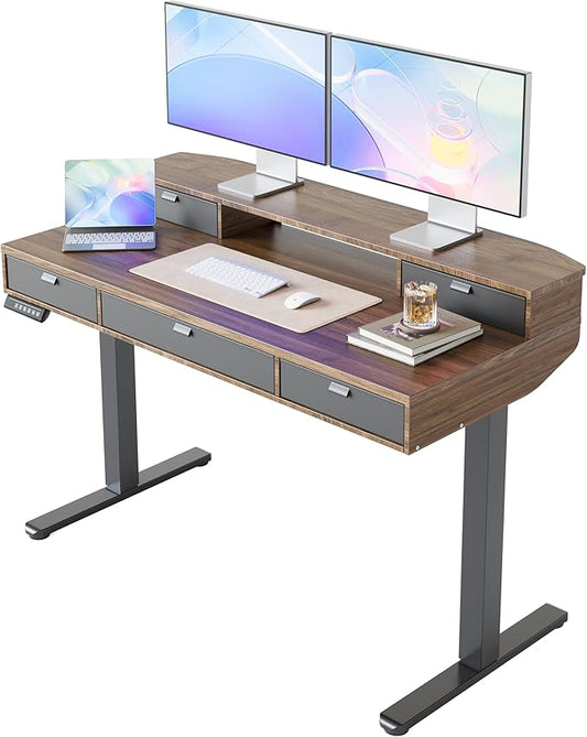 HUANUO 48 x 24 inch Electric Standing Desk with 4 Drawers, Adjustable Height Sit Stand Home Office Desk, C-Clamp Mount Compatible, Ergonomic Stand up Desk with 4 Preset Heights, Walnut