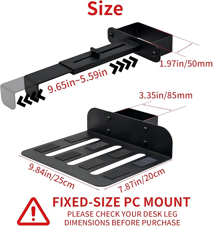 Desktop Under Desk PC Holder(40 lb Load Capacity), No Drilling Suspended Bracket, Clamp-on Desk Leg PC Mount, Under Table Computer Mount, Adjustable Computer Tower Stand for 80mm×50mm Legs