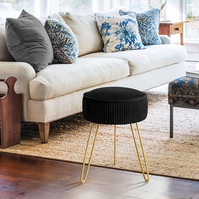 LUE BONA Pleated Vanity Stool, Velvet Upholstered Vanity Stool for Makeup Room, Ottoman Footrest with Metal Legs for Living Room, Bedroom, Black