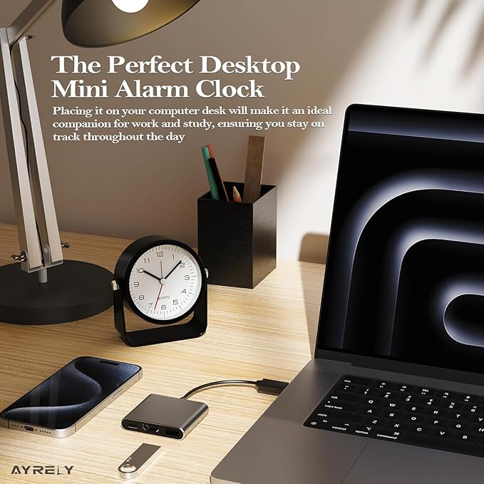 AYRELY® 3.5 Inch Small Analog Alarm Clocks,Battery Operated Desk Clock,Cute Table Clock with Light，Adjustable Angle for Travel,Bedside,Bedroom,Kids,Living Room Decor(Black)