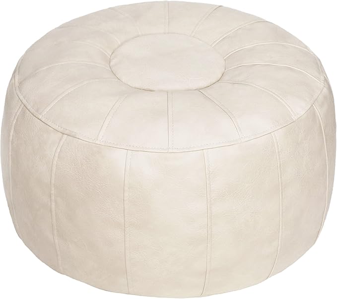Thgonwid Unstuffed Moroccan Storage Pouf Foot Stool Ottoman Seat, No Filler Included, Handmade Faux Leather Bean Bag Floor Chair Foot Rest for Living Room, Bedroom or Balcony, Ivory White