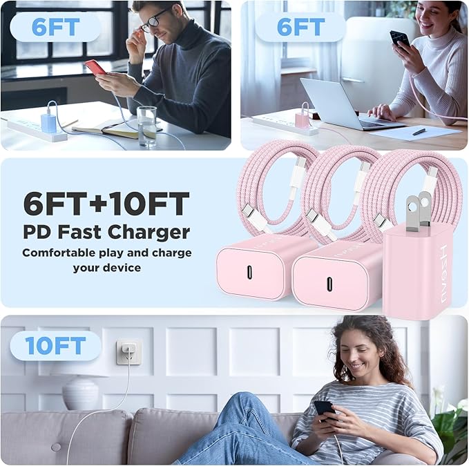 Fast Charging for iPhone 15 16 Pro Max Charger Colorful, 3Pack 20W USB C Fast Chargers Block with 6/6/10ft Long USB C to C Braided Cable Compatible with iPhone 16/15 Pro/15 Plus/iPad Pro 13/12.9,Pink