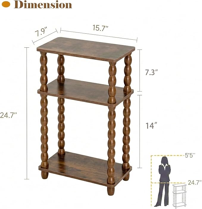 dreampossible Narrow Side Table 3-Tier, Skinny End Table with Solid Wood Legs for Small Spaces, Slim Console Table Nightstand for Living Room Bedroom Sofa Gap, Thin Bedside Table with Storage Shelf