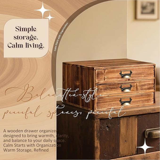 Stackable Modular Desktop Drawer Organizer, Solid Vintage Wood 3-Drawer Storage Unit with Label Pull Handles, Burnt Aged Wooden Japandi Style, Expandable by Adding More Units for Clutter-Free Spaces