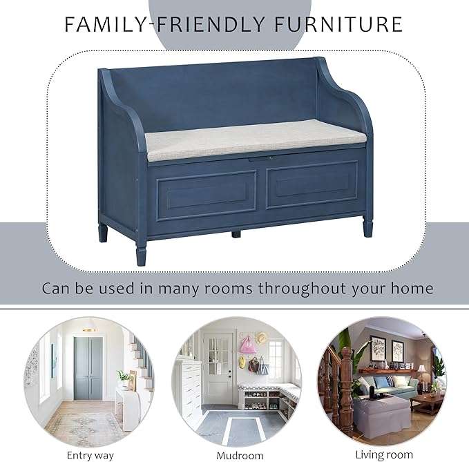 SOFTSEA 41.9" Storage Bench with Back, Entryway Shoe Bench with Cushion & Lift Top Storage, Rustic Shoe Storage Cabinet with Cushioned Seat for Entryway, Bedroom, Living Room (Antique Navy)