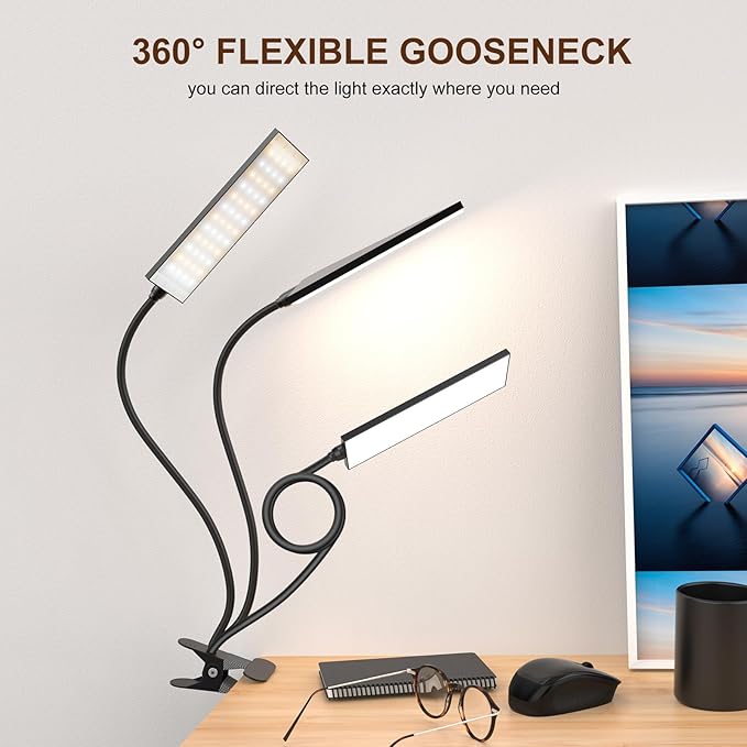 Clip On Desk Lamp, 5 W Rechargeable Reading Light, 400LM Book Light, 6 Level Brightness 3 Color Modes, Adjustable Neck Lamp for Desk, Bedside, Study