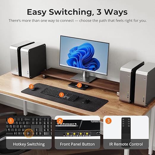 TESmart USB 3.0 HDMI KVM Switch 1 Monitor 4 Computers 4K@60Hz, L/R Audio & Microphone, 4 Port EDID Emulators, Hotkey Switching, Button Switching with Remote Switch and All Input Cables