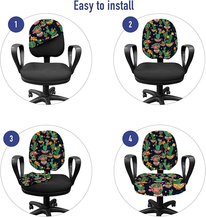 Ambesonne Cactus Print Office Chair Slipcover, Colorful Layout of Different Shapes of Cacti with Flowers, Protective Stretch Decorative Fabric Cover, Standard Size, Black Grey