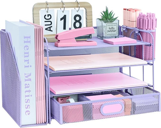 Desk Organizers and Accessories with File Holder, 4-Tier Paper Letter Tray Organiser with Drawer and 2 Pen Holder, Mesh Desktop Document Organizer for Office Supplies, Workspace - Purple