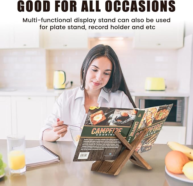 Cookbook Stand for Kitchen, Wooden Cookbook Holder, Recipe Book Holder for Kitchen Counter, Rustic Cook Book Holder Stand - Brown