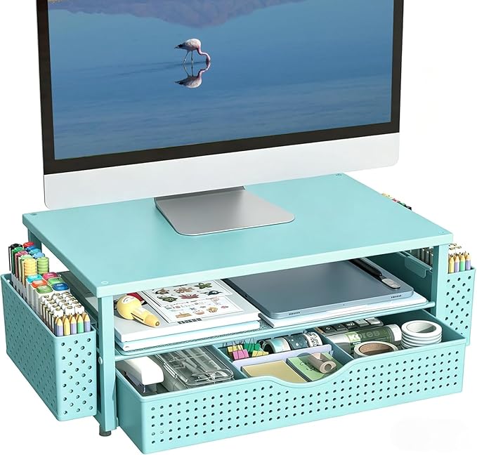 Spacrea Desk Organizer and Accessories, Computer Monitor Stand Riser with Drawer and 2 Pen Holders, Office Desk Accessories & Workspace Organizers for Office Supplies (Blue)