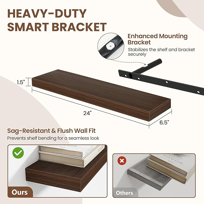 Acovy 24 Inch Floating Shelves for Wall 2 Pack, 24" Wall Shelves for Books, Storage, Decor, Wall Mounted Floating Shelf with Invisible Brackets for Kitchen, Living Room, Walnut