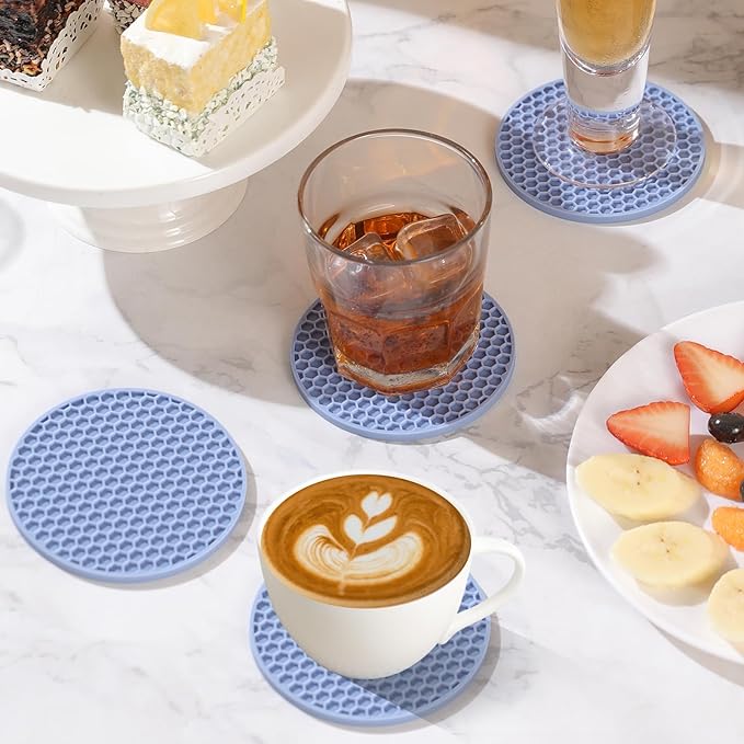 TWTLi Silicone Coasters Set of 8 with Holder,Coasters for Drinks,Beer,Coffee Coasters,Suitable for Kinds Cups,Hot or Cold,Anti-SLI,Non-Stick,Anti-Overflow Tabletop Protection and Decor (8 Pcs, Blue)