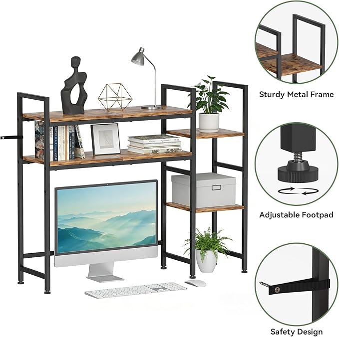 Desktop Bookshelf Hutch Desk Shelf 4 Tier Desktop Organizer Shelf for Computer Monitor 37.4" W Desk Hutch Organizer for Computer Desk Computer Desktop Bookcase for Home Office Dorm, Rustic Brown