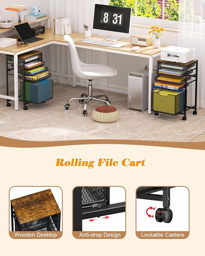Feyejade Rolling File Cart 5-Tier, Under Desk Storage with Drawers, Filing Cabinet for Letter-Size File Storage, Sliding Metal Mesh Trays for Binder Storage, Office Storage & Organization for Teachers