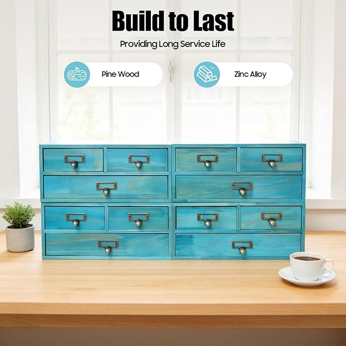 4 Packs Vintage Desktop Apothecary Cabinet with 3 Drawers, Vintage Desktop Organizer Wood Desktops Organizers Stackable Drawers Chest Drawer for Herb Storage Tea Collection Stationery (Blue)