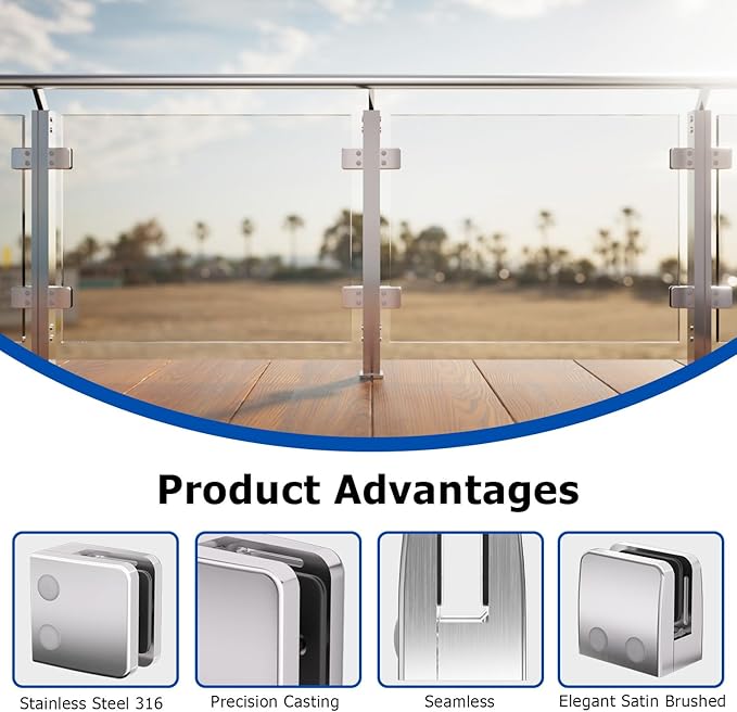 Glass Clamp,4PCS Stainless Steel 304 Brushed Glass Holder Shelf Bracket for 5/16 "-1/2" Thick for Railing, Stairs Holder