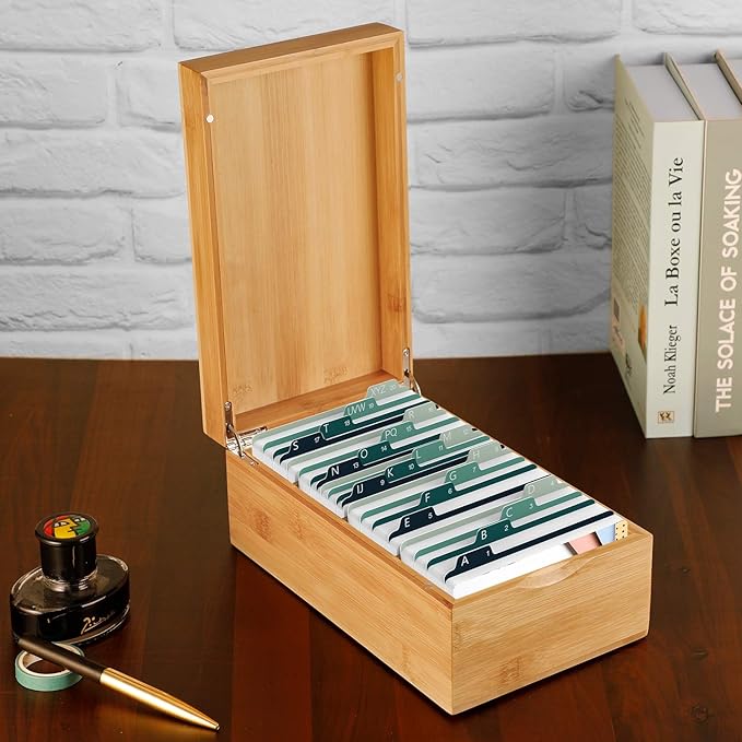 MaxGear Index Card Holder, 3 x 5 Inch Business Card Organizer for Desk with 3 Dividers, Bamboo Index Cards Box with A-Z Tabs Holds 600 Cards for Recipe Flash Storage