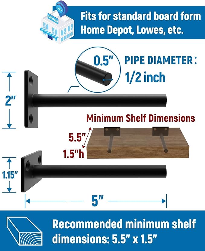 LEOPO Black 4-Pack 5 inch Floating Shelf Brackets, Hidden Shelf Bracket for Wood, Concealed Blind Shelving Support,Invisible Coated Brackets for DIY Decorative,Fit for Kitchen, Bathroom,Study Room