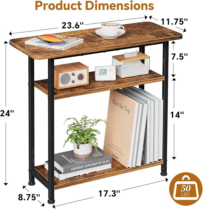 Simple Trending Narrow Side Table, 3-Tier End Table with Wide Storage Tabletop, Nightstand for Bedroom Living Room, Rustic Brown