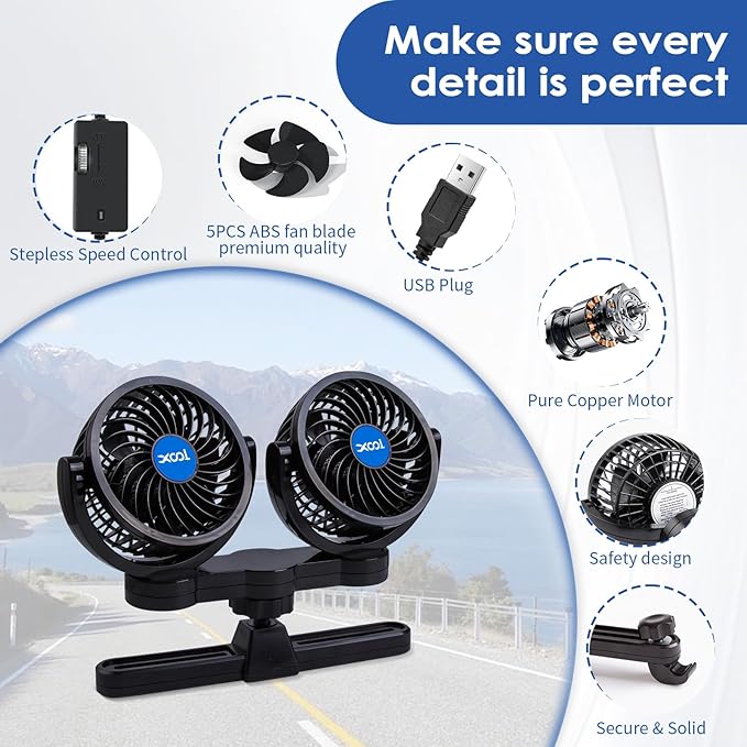 XOOL USB Dual Head Backseat Car Fan – 360° Rotatable Rear Seat Air Circulator with Stepless Speed & Adjustable Clip for Kids in SUV, Truck, RV