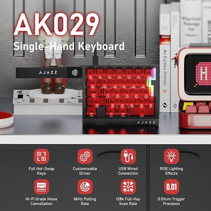 AJAZZ AK029 Wired One Handed Gaming Keyboard,Magnetic Switch, Adjustable Trigger Force, 8KHz Polling, 29 Keys Rapid Fast Mechanical Keyboard, RGB Backlight, SOCD & DKS, Aluminum Plate