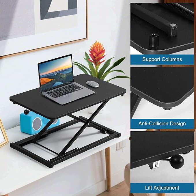 Height Adjustable Standing Desk Converter, Ergonomic Sit Stand Desk Riser with X-Lift Structure, 23.6 x 13.3 Inch Portable Desktop Workstation, Keyboard Stand for Laptop Monitor, Black