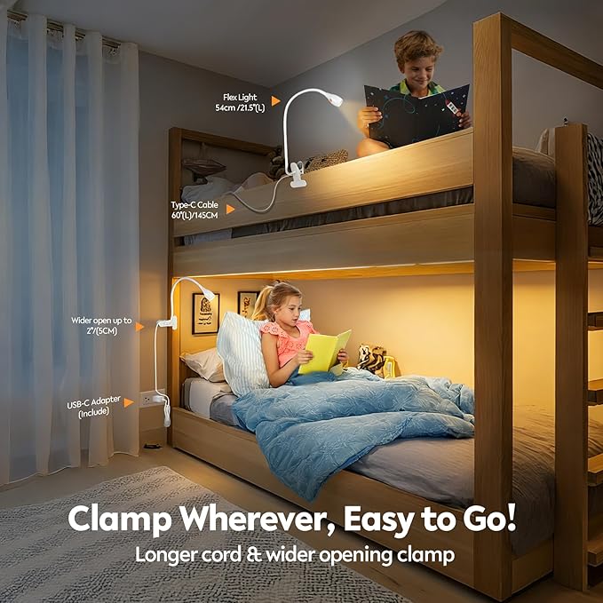acegoo Minimalist Reading Light for Bed Headboard Dimmable White Book Light Clip on Lamp with USB-C Adapter, Flexible Neck & Handy Lamp Head Switch, CRI 90+