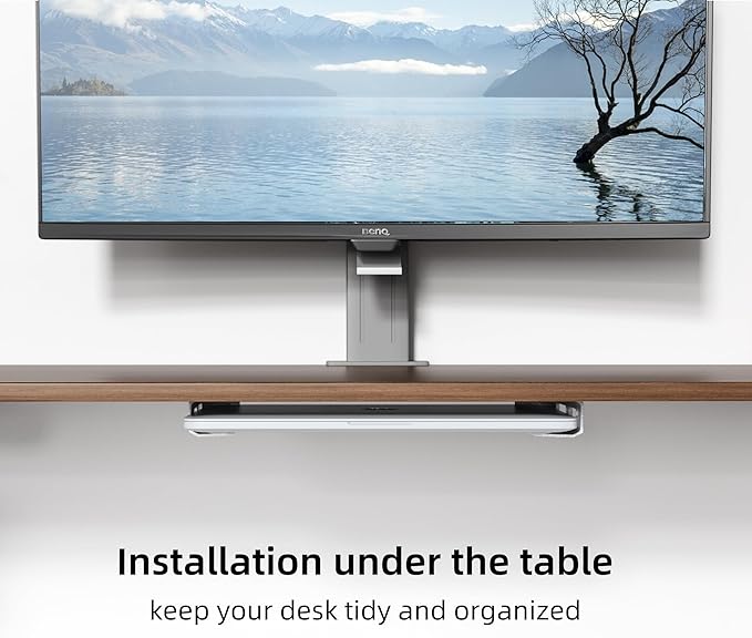 ELETIUO Wall & Under Desk Laptop Mount Holder–Adhesive & Screw in,1.02"/ 26 mm,Anti-Scratch Pads,Universal for MacBooks,Surface,Keyboards,Tablets,Switch &More,Matte Silver