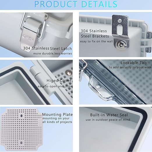 IP67 Waterproof Junction Box, ABS Plastic Electrical Enclosure with Stainless Steel Latch, Hinged Cover Electric Box with Mounting Plate, Wall Brackets & Cable Glands 300x300x180mm