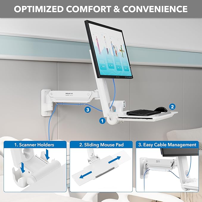 Mount-It! MedHub Wall-Mounted Medical Workstation – Height Adjustable Monitor & Keyboard Arm with Folding Tray, Sliding Mouse Pad, VESA Mount – Ideal for Clinics, Exam Rooms & Dental Environments