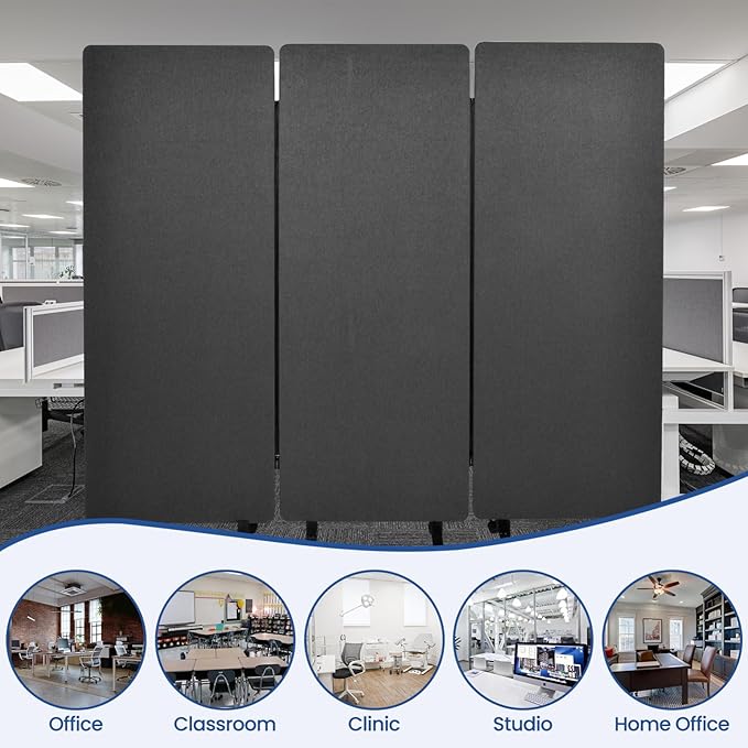 72in 3-Panel Soundproof Room Divider with Wheels, Heavy-Duty Acoustic Partition Temporary Wall for Noise Reduction, Portable Divider for Home Hospital Library Classroom - Dark Grey