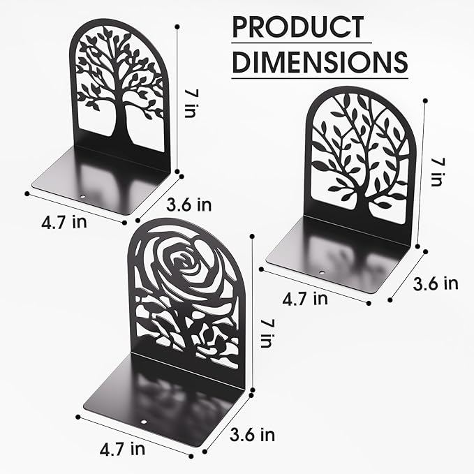 MaxGear Decorative Book Ends, Heavy Duty Bookends for Shelves, Metal Bookend for Heavy Book Supports, Office Bookends Shelf Holder Black 3pair, Non-Skid Book Stoppers 6.89x4.89x3.54 inch
